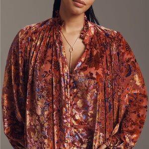Anthropologie Estela Burn Out Velvet Rust Floral Ruffle-Neck Blouse